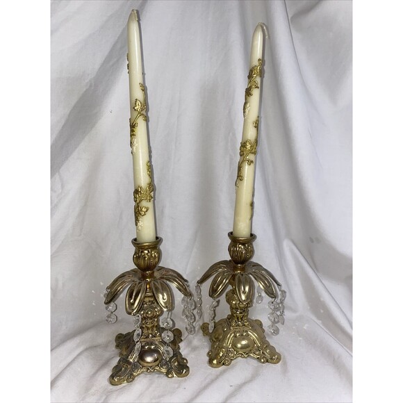 Vintage Hollywood Regency Style Ornate Gold Cast Metal Candlestick Holders Pair - Picture 1 of 11
